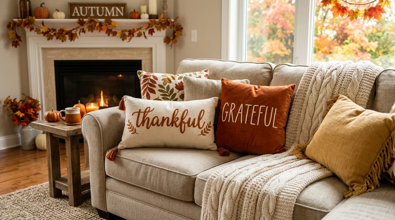 Thankful text pillow covers on a couch